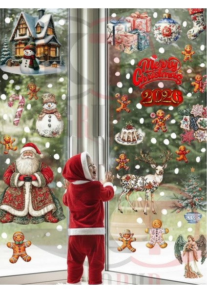 Yeni Yıl Yılbaşı Figürleri Hoşgeldin 2026 Noel Baba, Karlı Ev ve Kurabiye Adam Sticker Seti