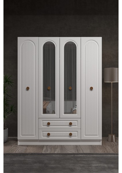 Bohem 4 Kapak 2 Çekmece Aynalı Gardırop Mdf Kapak