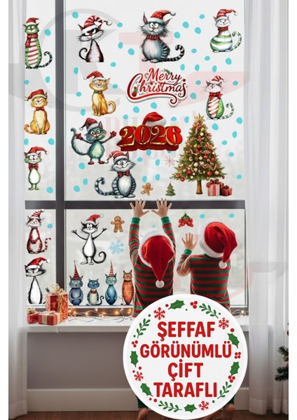 2026 Yeni Yıl Şeffaf Çift Taraflı Yılbaşı Kedileri Kapı Dolap Pencere Sticker Seti