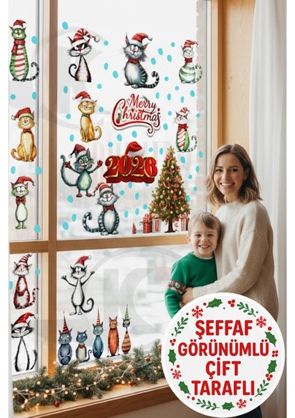 2026 Yeni Yıl Şeffaf Çift Taraflı Yılbaşı Kedileri Kapı Dolap Pencere Sticker Seti fiyatları