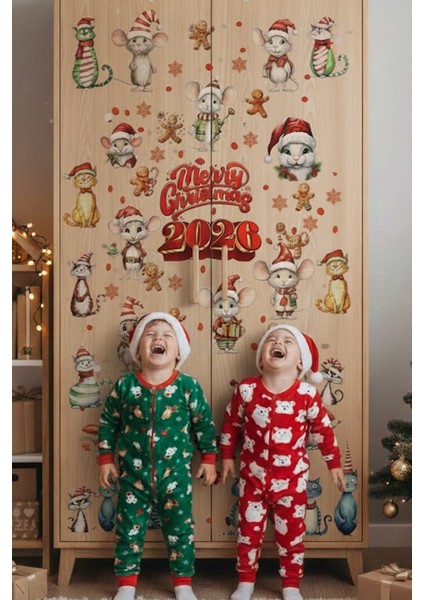 2026 Yeni Yıl Şeffaf Çift Taraflı Yılbaşı Kedileri Kapı Dolap Pencere Sticker Seti modelleri