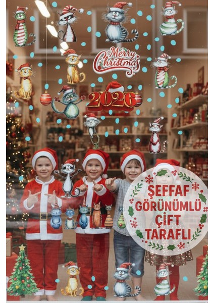 2026 Yeni Yıl Şeffaf Çift Taraflı Yılbaşı Kedileri Kapı Dolap Pencere Sticker Seti fırsatları