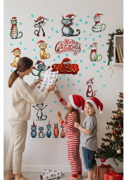 2026 Yeni Yıl Şeffaf Çift Taraflı Yılbaşı Kedileri Kapı Dolap Pencere Sticker Seti indirimleri