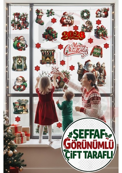 Şeffaf Çift Taraflı Noel Baba ve Şömine Sticker Seti - 2026 Merry Christmas Yılbaşı Cam Dekoru