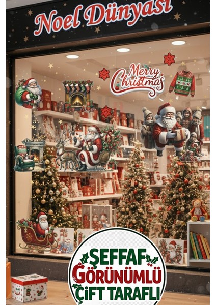 Şeffaf Çift Taraflı Noel Baba ve Şömine Sticker Seti - 2026 Merry Christmas Yılbaşı Cam Dekoru fiyatları