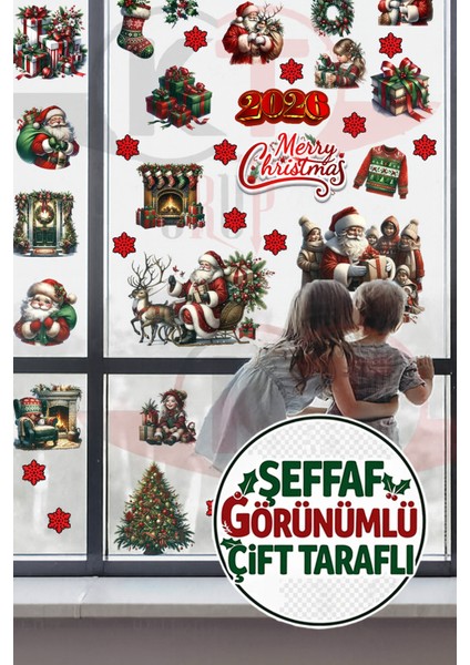 Şeffaf Çift Taraflı Noel Baba ve Şömine Sticker Seti - 2026 Merry Christmas Yılbaşı Cam Dekoru modelleri