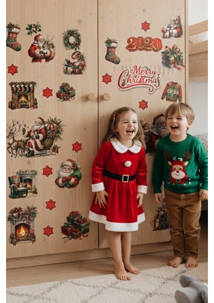 Şeffaf Çift Taraflı Noel Baba ve Şömine Sticker Seti - 2026 Merry Christmas Yılbaşı Cam Dekoru fırsatları