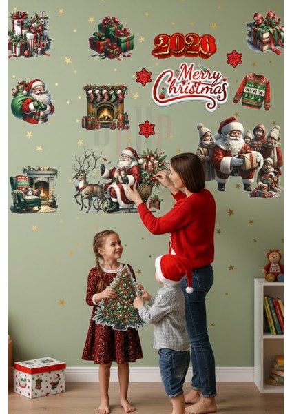 Şeffaf Çift Taraflı Noel Baba ve Şömine Sticker Seti - 2026 Merry Christmas Yılbaşı Cam Dekoru indirimleri
