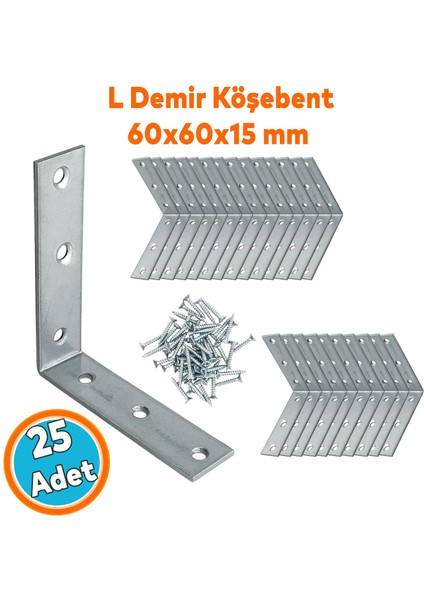 25 Adet Mobilya Dolap Duvar Sabitleme Metal Köşebent 60X60X15 mm Bağlantı Aparatı L Demiri Gönye