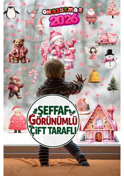 Şeffaf Çift Taraflı Noel Ayıcık, Kardan Adam ve Tren Sticker Seti - Yılbaşı Kapı Dolap Cam Dekoru