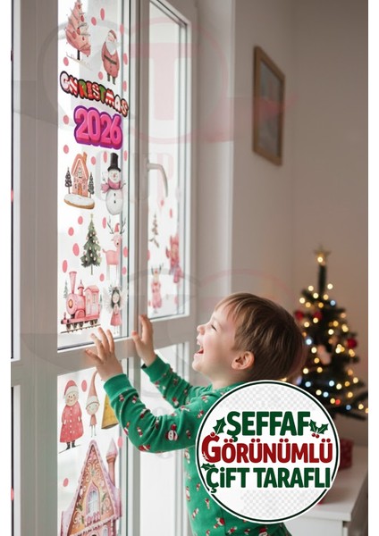 Şeffaf Çift Taraflı Noel Ayıcık, Kardan Adam ve Tren Sticker Seti - Yılbaşı Kapı Dolap Cam Dekoru fırsatları