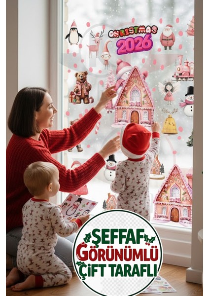 Şeffaf Çift Taraflı Noel Ayıcık, Kardan Adam ve Tren Sticker Seti - Yılbaşı Kapı Dolap Cam Dekoru indirimleri