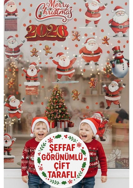 Şeffaf, Çift Taraflı 2026 Merry Christmas Noel Baba & Kardan Adam Yılbaşı Sticker Seti