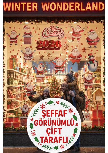 Şeffaf, Çift Taraflı 2026 Merry Christmas Noel Baba & Kardan Adam Yılbaşı Sticker Seti fiyatları