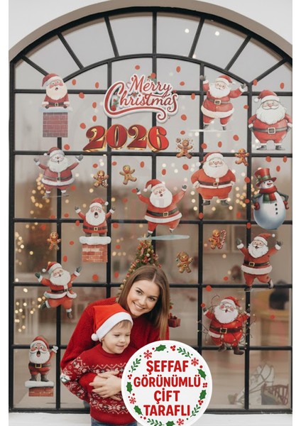 Şeffaf, Çift Taraflı 2026 Merry Christmas Noel Baba & Kardan Adam Yılbaşı Sticker Seti modelleri