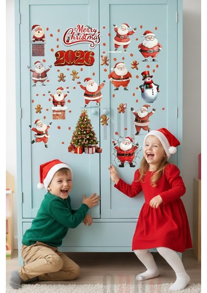 Şeffaf, Çift Taraflı 2026 Merry Christmas Noel Baba & Kardan Adam Yılbaşı Sticker Seti indirimleri