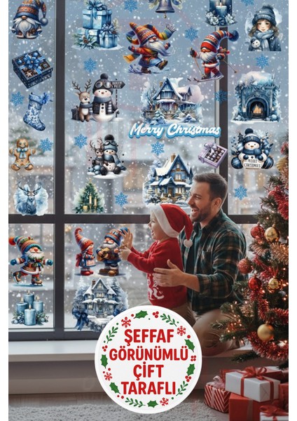 Şeffaf & Çift Taraflı Karlı Evler, Noel Baba ve Kardan Adam Yılbaşı 2026 Sticker Seti