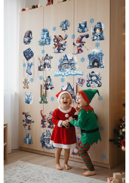 Şeffaf & Çift Taraflı Karlı Evler, Noel Baba ve Kardan Adam Yılbaşı 2026 Sticker Seti modelleri