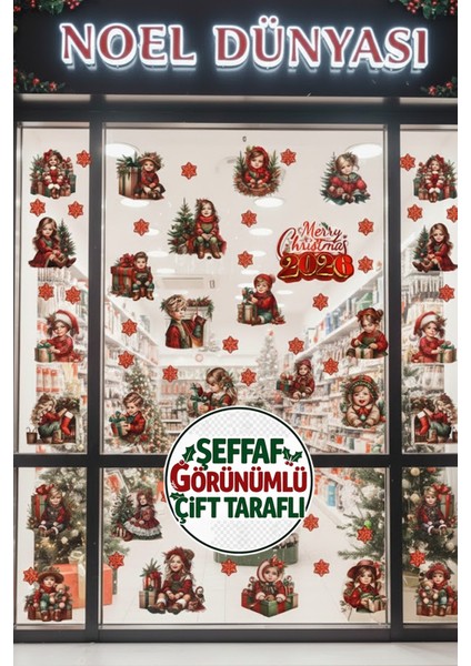 Şeffaf Çift Taraflı Noel Çocukları ve Kartaneleri Sticker Seti - 2026 Yılbaşı Pencere Dekoru