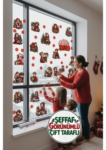 Şeffaf Çift Taraflı Noel Çocukları ve Kartaneleri Sticker Seti - 2026 Yılbaşı Pencere Dekoru fiyatları