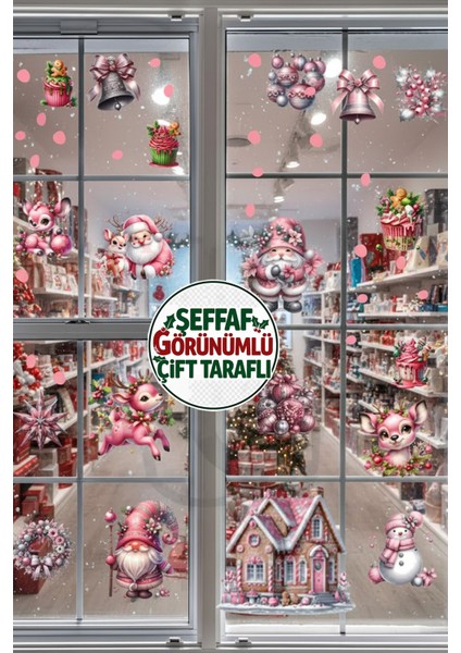 Şeffaf Çift Taraflı Pembe Noel Baba, Geyik ve Gnome Sticker Seti - Yılbaşı Cam Kapı Dolap Dekoru
