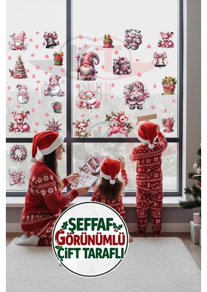 Şeffaf Çift Taraflı Pembe Noel Baba, Geyik ve Gnome Sticker Seti - Yılbaşı Cam Kapı Dolap Dekoru fiyatları