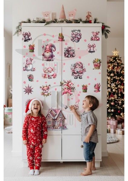 Şeffaf Çift Taraflı Pembe Noel Baba, Geyik ve Gnome Sticker Seti - Yılbaşı Cam Kapı Dolap Dekoru modelleri