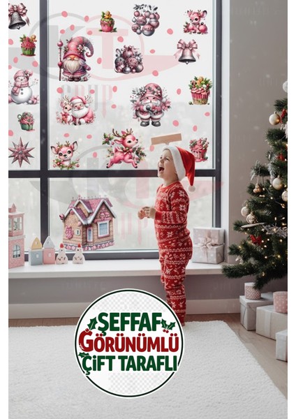 Şeffaf Çift Taraflı Pembe Noel Baba, Geyik ve Gnome Sticker Seti - Yılbaşı Cam Kapı Dolap Dekoru fırsatları
