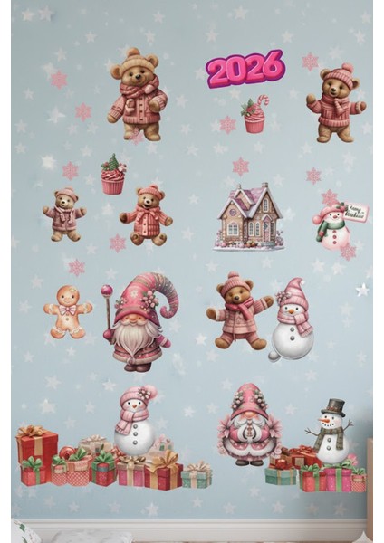 Şeffaf Çift Taraflı Pembe Noel Baba, Geyik ve Gnome Sticker Seti - Yılbaşı Cam Kapı Dolap Dekoru indirimleri