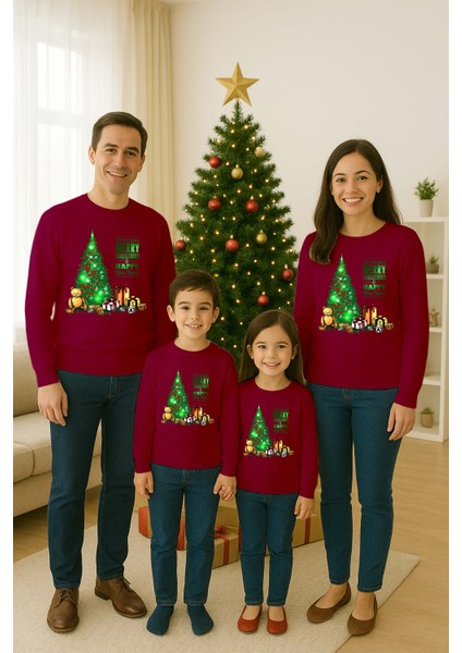 Unisex Happy New Year Yılbaşı Baskılı Yetişkin ve Çocuk Sweatshirt 3 Iplik Şardonlu Kumaş