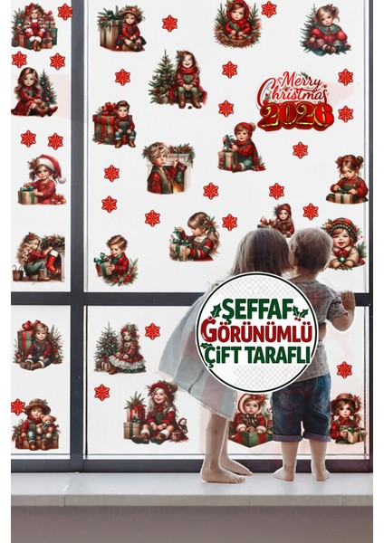 Şeffaf Çift Taraflı Noel Çocukları ve Kartaneleri Sticker Seti - 2026 Yılbaşı Pencere Dekoru modelleri