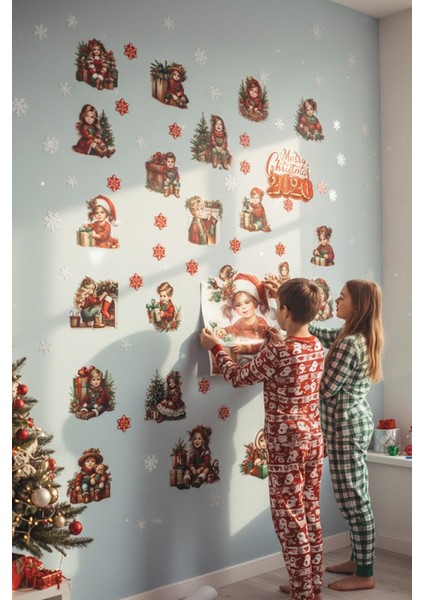 Şeffaf Çift Taraflı Noel Çocukları ve Kartaneleri Sticker Seti - 2026 Yılbaşı Pencere Dekoru fırsatları