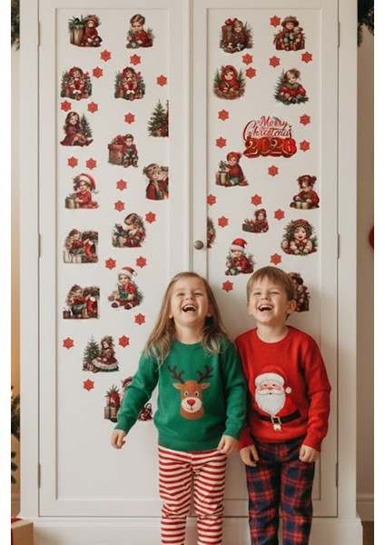 Şeffaf Çift Taraflı Noel Çocukları ve Kartaneleri Sticker Seti - 2026 Yılbaşı Pencere Dekoru indirimleri
