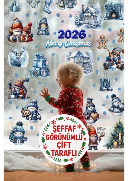 Şeffaf Çift Taraflı Kış Evleri, Noel Baba, Kardan Adam ve Cüceler 2026 Yılbaşı Sticker Seti