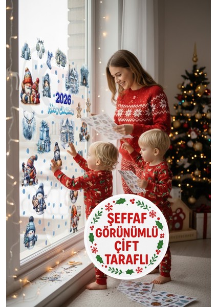 Şeffaf Çift Taraflı Kış Evleri, Noel Baba, Kardan Adam ve Cüceler 2026 Yılbaşı Sticker Seti fiyatları