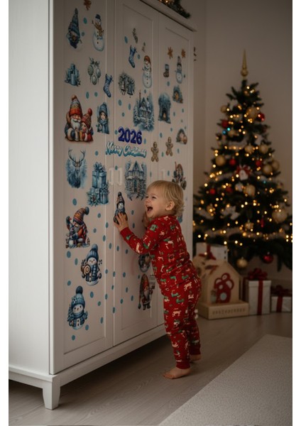 Şeffaf Çift Taraflı Kış Evleri, Noel Baba, Kardan Adam ve Cüceler 2026 Yılbaşı Sticker Seti modelleri