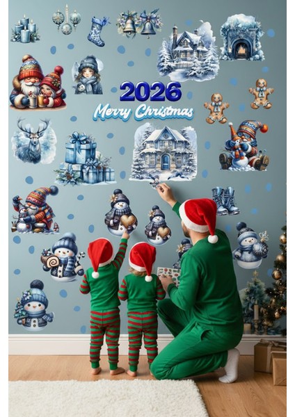 Şeffaf Çift Taraflı Kış Evleri, Noel Baba, Kardan Adam ve Cüceler 2026 Yılbaşı Sticker Seti fırsatları