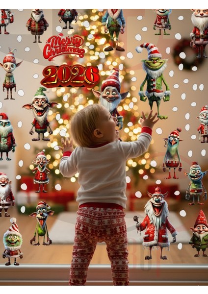 Yeni Yıl Yılbaşı Figürleri Hoşgeldin 2026 Elf ve Canavar Figürleri Sticker Seti