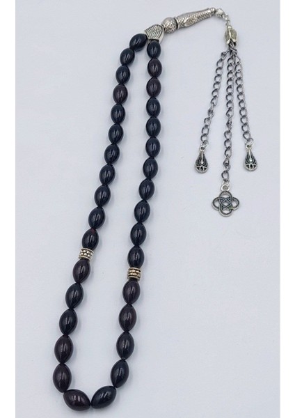 Siyah Alpaka Püsküllü Arpa Kesim Ateş Kehribar Tespih (Ahşap Kutulu)