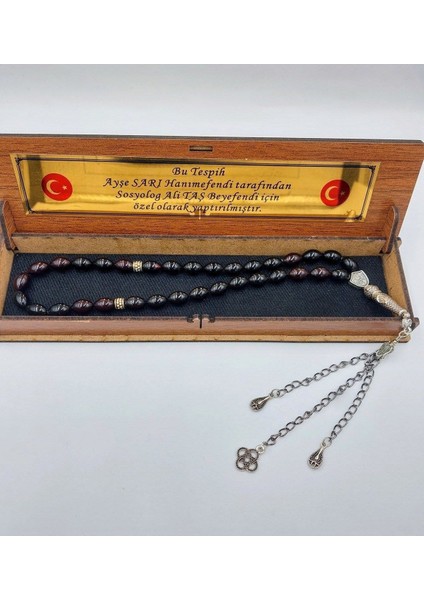 Siyah Alpaka Püsküllü Arpa Kesim Ateş Kehribar Tespih (Ahşap Kutulu) modelleri