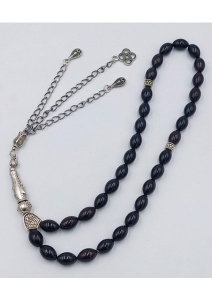 Siyah Alpaka Püsküllü Arpa Kesim Ateş Kehribar Tespih (Ahşap Kutulu) fırsatları