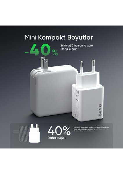SL-ECG45 Type Usb-C 45W Pd + 18W USB Qc 3.0 Gan Beyaz Hızlı Ev Şarj Adaptörü modelleri