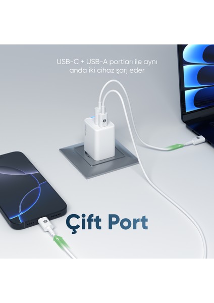 SL-ECG45 Type Usb-C 45W Pd + 18W USB Qc 3.0 Gan Beyaz Hızlı Ev Şarj Adaptörü