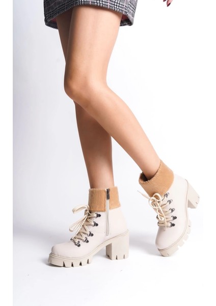 Emma Bağcıklı Fermuarlı Ortopedik Taban Topuklu Kürk Detaylıkadın Bot Ckt - Krem fiyatları