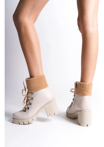 Emma Bağcıklı Fermuarlı Ortopedik Taban Topuklu Kürk Detaylıkadın Bot Ckt - Krem modelleri