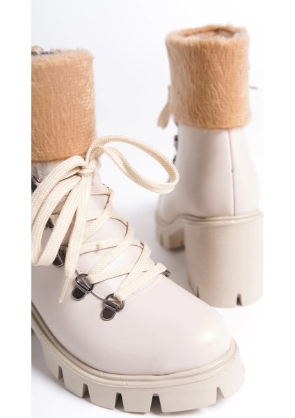 Emma Bağcıklı Fermuarlı Ortopedik Taban Topuklu Kürk Detaylıkadın Bot Ckt - Krem indirimleri