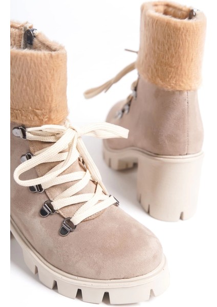 Emma Bağcıklı Fermuarlı Ortopedik Taban Topuklu Kürk Detaylı Süet Kadın Bot Stt - Ten indirimleri