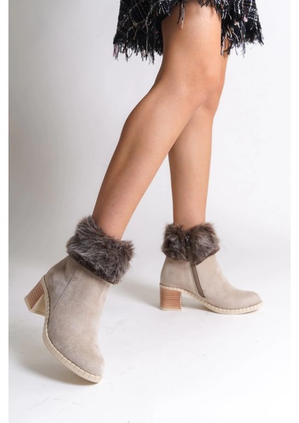Julıa Fermuarlı Ortopedik Taban Tüylü Topuklu Süet Kadın Bot Skt - Krem fiyatları