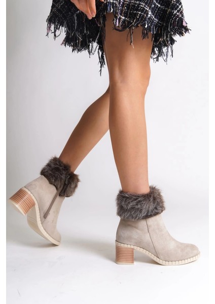 Julıa Fermuarlı Ortopedik Taban Tüylü Topuklu Süet Kadın Bot Skt - Krem modelleri