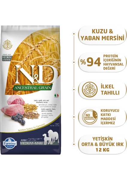 Nd Az Tahıllı Kuzu & Y.Mersini Adult Med&Maxi Köpek Maması - 12 K